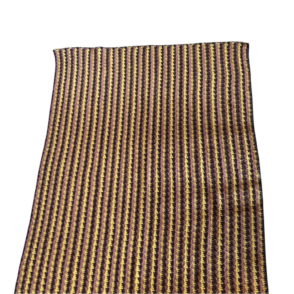 VINTAGE 70s Handmade Crochet Striped Fall Colors Knit Blanket Mustard Tan Brown
